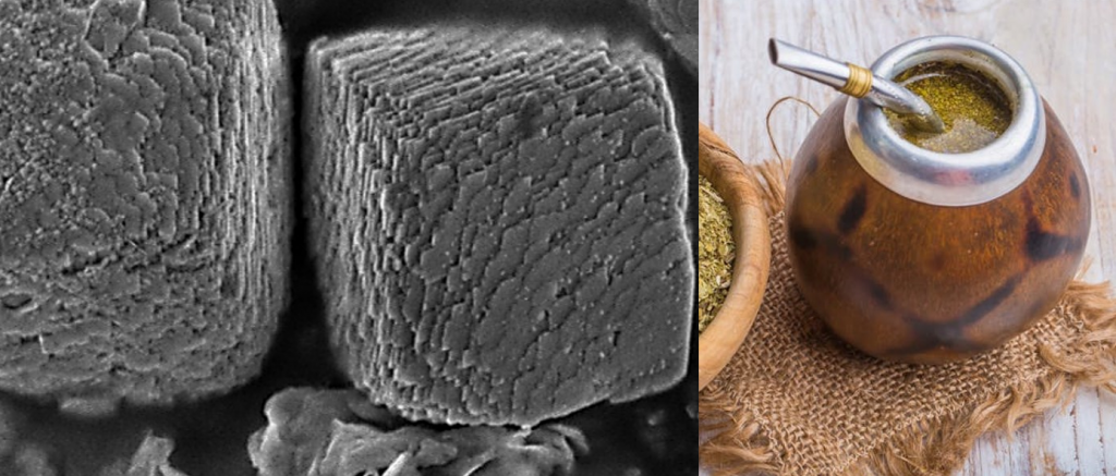 Imagen compuesta por dos fotografías, una de bio-partículas por microscopio y la otra de un mate con yerba, sobre una mesa.