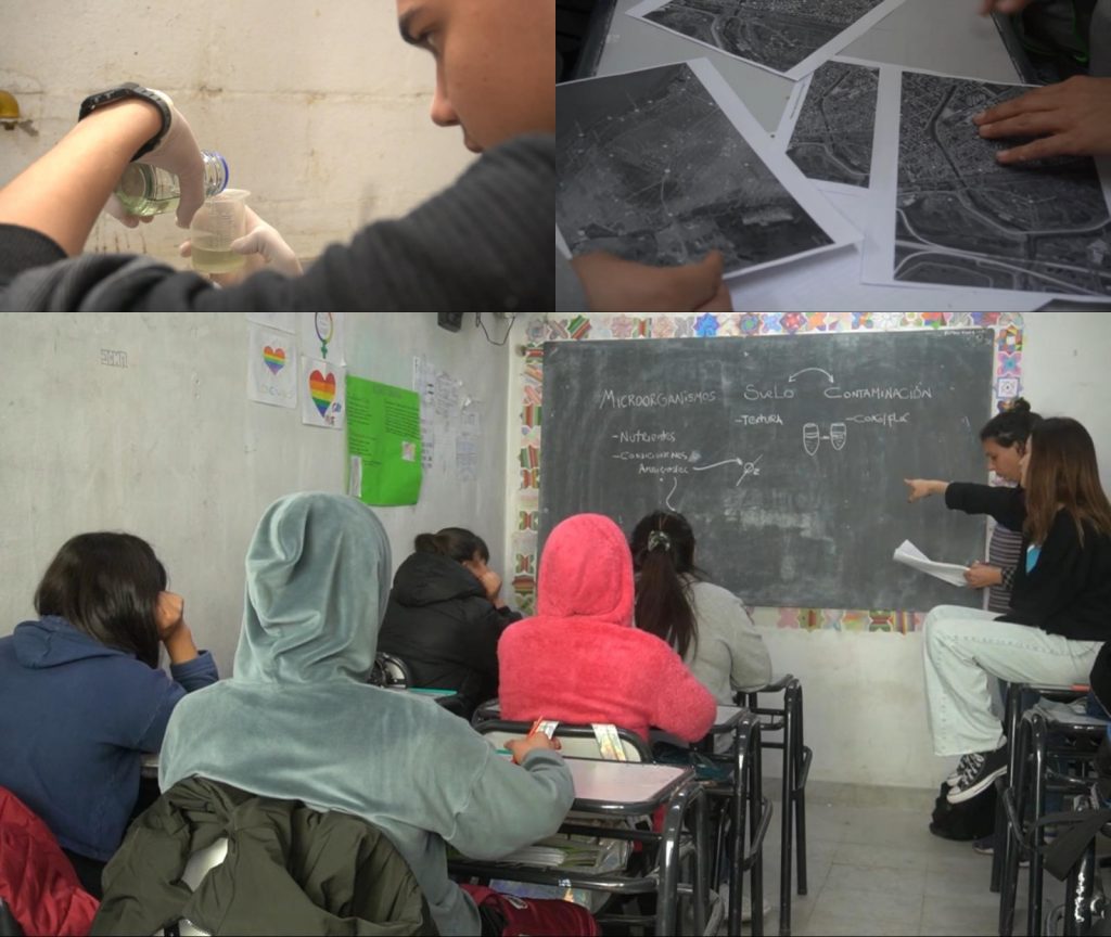 Figura 3. a) estudiante preparando medio de cultivo para bacterias con actividad oxidante de hierro en el laboratorio de la escuela; b) cartografía del barrio y localización de los puntos de muestreo para el estudio de los procesos de autodepuración del canal J.L. Suárez; c) actividad teórica en aula, previa al trabajo en laboratorio.