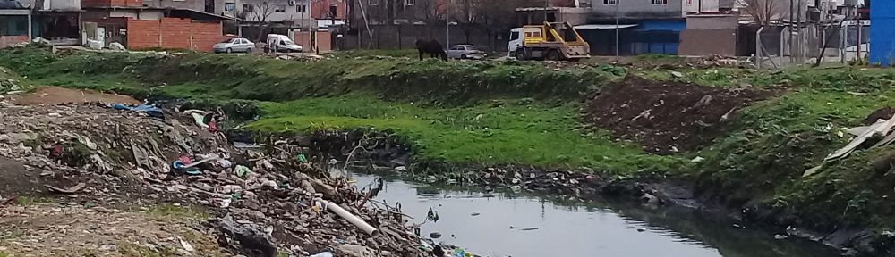se observa el canal José León Suárez localizado en el Barrio Carcova, popularmente conocido como el zanjón. la imagen fue tomada en uno de los puntos de muestreo de aguas y sedimentos. se observa un ambiente degradado con basurales irregurales en las orillas del canal, en la orilla de enfrente se pueden ver los sedimentos que se depositan en el recodo que se forma con el correr del tiempo, sobre los sedimentos crece vegetación bastante verde, alli crecen unos pastizales en dónde habitan algunas aves con patas alargadas, típicas de humedal. esta imagen nos permite percibir como la naturaleza aún persiste en cuidar la vida que resiste a pasar de la contaminación
